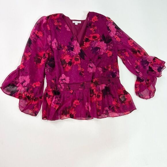 Ophelia Roe Blouse Womens Large Pink Floral Surplice V-Neck Smocked Waist Top - Picture 1 of 8